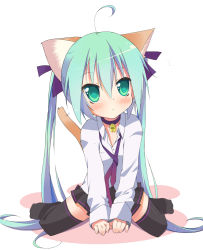 Rule 34 | 1girl, :&lt;, ahoge, animal ears, bell, cat ears, cat tail, collar, green eyes, green hair, hatsune miku, highres, jingle bell, long hair, matching hair/eyes, neck bell, necktie, simple background, sitting, skirt, solo, tail, thighhighs, torinannkotsukushi, twintails, very long hair, vocaloid, wariza, white background