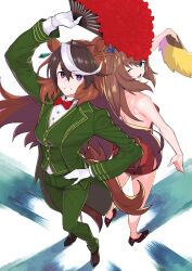 Rule 34 | 2girls, animal ears, arm up, bare shoulders, blue eyes, bow, bowtie, breasts, brown footwear, brown hair, collared shirt, dress, ear bow, feather fan, gloves, green jacket, green pants, green vest, hand fan, hand on own hip, high heels, holding, holding fan, horse ears, horse girl, horse tail, jacket, long sleeves, looking at viewer, looking back, maruzensky (ruby enneigee) (umamusume), maruzensky (umamusume), multicolored hair, multiple girls, one eye closed, open clothes, open jacket, open mouth, outstretched arm, pants, purple eyes, red dress, shadow, shirt, shoes, short dress, small breasts, smile, streaked hair, symboli rudolf (emerald emeraude) (umamusume), symboli rudolf (umamusume), tail, umaguti, umamusume, vest, white gloves, white shirt