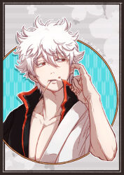 Rule 34 | 1boy, artist name, aya shiro423, collarbone, dated, finger in ear, food, food on face, gintama, hair between eyes, male focus, messy hair, mouth hold, pectorals, red eyes, sakata gintoki, short hair, solo, upper body, white hair