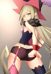 Rule 34 | 1girl, arms behind back, ass, asymmetrical legwear, bare shoulders, bdsm, black thighhighs, blonde hair, bondage, bound, bound wrists, from behind, garter straps, green eyes, hat, healther, long hair, looking at viewer, looking back, magilou (tales), mismatched legwear, pink thighhighs, pointy ears, smile, solo, tales of (series), tales of berseria, thighhighs, thighs, very long hair, witch hat