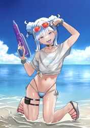 Rule 34 | 1girl, absurdres, adjusting eyewear, alternate costume, alternate hairstyle, arm up, armband, beach, bikini, bikini under clothes, black choker, blue armband, blue bikini, blue eyes, blue hair, blue nails, blue sky, blush, candy, choker, cloud, collarbone, commentary, day, double bun, earclip, earrings, eyewear on head, finger on trigger, food, food in mouth, full body, hair bun, head tilt, highres, holding, holding water gun, hololive, hololive indonesia, horizon, jewelry, kneeling, kobo kanaeru, lollipop, looking at viewer, multi-strapped bikini bottom, nail polish, navel, o-ring, o-ring choker, ocean, open mouth, outdoors, pouch, raikkonen, red-tinted eyewear, sandals, see-through, see-through shirt, shirt, short sleeves, side-tie bikini bottom, sky, smile, solo, stomach, sunglasses, swimsuit, symbol-only commentary, t-shirt, thigh pouch, thigh strap, tied shirt, tinted eyewear, toenail polish, toenails, tongue, tongue out, variant set, virtual youtuber, water, water gun, white footwear, white shirt