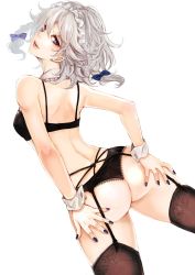 Rule 34 | 1girl, absurdres, alternate eye color, ass, back, backlighting, black bra, black panties, blue nails, blush, bow, bra, breasts, detached collar, earrings, eyelashes, floral print, garter belt, hair bow, hair over one eye, hands on own ass, highres, izayoi sakuya, jewelry, kyogoku-uru, lace, lace-trimmed panties, lace legwear, lace trim, lips, looking at viewer, looking back, maid headdress, messy hair, nail polish, panties, parted lips, perspective, pink lips, purple eyes, silver hair, simple background, skindentation, small breasts, smile, solo, stud earrings, thighhighs, thong, touhou, underwear, underwear only, wedgie, white background, wrist cuffs
