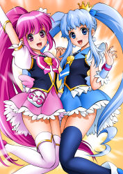 Rule 34 | 10s, 2girls, aino megumi, black legwear, blue dress, blue eyes, blue hair, blue skirt, blush, boots, bow, bowtie, brooch, crown, cure lovely, cure princess, dress, earrings, frills, full body, happinesscharge precure!, heart, heart brooch, holding hands, jewelry, long hair, magical girl, mattsua, mini crown, multiple girls, necktie, pink bow, pink dress, pink eyes, pink hair, pink skirt, ponytail, precure, puffy sleeves, shirayuki hime, sidelocks, skirt, smile, thigh boots, thighhighs, twintails, white legwear, wide ponytail, wrist cuffs