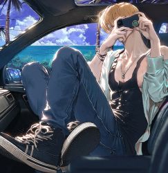 Rule 34 | 1boy, alternate costume, aqua shirt, beach, black tank top, blonde hair, camera, car interior, casual, cloud, cloudy sky, denim, full body, hair over one eye, holding, holding camera, jeans, legs up, male focus, necktie, one piece, open clothes, open shirt, pants, pectoral cleavage, pectorals, runa (nori31291404), sanji (one piece), shirt, shoes, short hair, sidepec, sky, sneakers, solo, sunlight, tank top, toned, toned male, tree, water