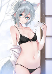 Rule 34 | 1girl, animal ears, arm behind back, bare shoulders, black bra, black panties, blue eyes, blush, bow, bow bra, bra, breasts, cat ears, cat girl, cleavage, clothes pull, controller, cowboy shot, date a live, day, glasses, grey hair, hair between eyes, hand up, highres, holding, holding controller, honjou nia, indoors, kemonomimi mode, looking at viewer, medium hair, messy hair, midriff, navel, no pants, off shoulder, open clothes, open door, open shirt, panties, shirt, shirt down, shirt pull, small breasts, smile, snow, solo, stomach, strap slip, string panties, thighs, touxing no diluka, underwear, white shirt, winter