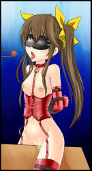Rule 34 | 10s, 1girl, bdsm, blindfold, bondage, bound, breasts, brown hair, chopsticks, collar, corset, cyber (cyber knight), elbow gloves, food, gloves, huang lingyin, infinite stratos, long hair, nipple piercing, nipples, open mouth, piercing, pussy, pussy juice, solo, tears, thighhighs, tongue, tongue out, twintails, uncensored, wooden horse
