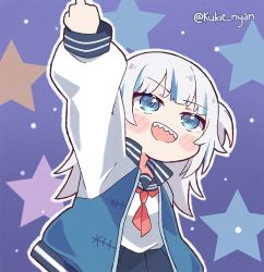 Rule 34 | 1girl, :d, blue eyes, blue hair, blue sailor collar, blue skirt, blunt bangs, blush stickers, chibi, commentary, english commentary, gawr gura, hololive, hololive english, jacket, kukie-nyan, letterman jacket, long hair, looking up, middle finger, miniskirt, multicolored hair, neckerchief, open mouth, pleated skirt, raglan sleeves, red neckerchief, sailor collar, school uniform, serafuku, sharp teeth, silver hair, skirt, smile, solo, streaked hair, teeth, twitter username, two side up, upper teeth only, v-shaped eyebrows, virtual youtuber