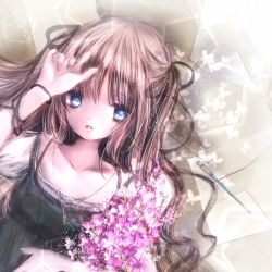 Rule 34 | 1girl, album cover, black dress, black ribbon, blue eyes, bouquet, brown hair, clenched hand, collarbone, commentary request, cover, dress, flower, hair ribbon, hand on own forehead, hand on own stomach, himemurasaki, jewelry, key, key necklace, long hair, looking at viewer, lying, necklace, on back, original, paintbrush, paper, parted lips, pink flower, ribbon, solo, two side up, upper body, wrist ribbon