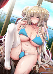 Rule 34 | 1girl, absurdres, areola slip, azur lane, belly, bikini, blonde hair, blue bra, bra, braid, braided bun, breasts, cameltoe, cleavage, curvy, double bun, feet, formidable (azur lane), formidable (the lady of the beach) (azur lane), frills, hair bun, highres, huge breasts, large breasts, long hair, looking at viewer, multi-strapped bikini, multi-strapped bra, multi-strapped panties, navel, open mouth, pursed lips, raranokusu, red eyes, sitting, solo, sweat, swimsuit, thighhighs, toeless legwear, toes, twintails, two-tone panties, underwear, very long hair, white thighhighs