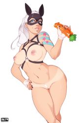Rule 34 | 1girl, animal ears, belly, bikini tan, black nails, blue eyes, bondage outfit, breasts, carrot, cleft of venus, contrapposto, dildo, ear piercing, fake animal ears, female pubic hair, fingerless gloves, gloves, harness, highres, howler (owler), kemonomimi mode, large breasts, lip piercing, lips, long hair, mask, nail polish, navel, nipple bar, nipple piercing, nipples, nose, nude, original, owler, piercing, ponytail, pubic hair, pussy, rabbit ears, sex toy, silver hair, solo, standing, stomach, tan, tanline, tattoo, uncensored