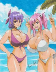 Rule 34 | 2022, 2girls, absurdres, ayane (doa), beach, bikini, breasts, cleavage, commission, dead or alive, dead or alive xtreme beach volleyball, hand on another&#039;s back, headband, highres, honoka (doa), huge breasts, large breasts, multiple girls, navel, ocean, open mouth, palm tree, pink eyes, purple bikini, purple hair, ravernclouk design, red eyes, siblings, sisters, swimsuit, traditional media, tree, white bikini