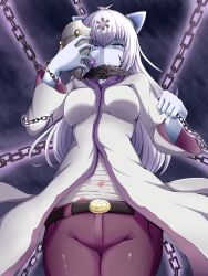 Rule 34 | 1girl, bandages, belt buckle, blood, blue eyes, blue skin, breasts, buckle, chain, closed mouth, colored skin, commentary request, denim, facial mark, hair between eyes, highres, holding, holding chain, horns, impossible clothes, la croix, large breasts, long hair, long sleeves, looking at viewer, looking down, mon-musu quest!, monster girl, pants, raichi (ddq0246), solo, standing, white hair