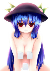 Rule 34 | 1girl, blue hair, blush, censored, censored nipples, convenient censoring, female focus, food, fruit, hat, hinanawi tenshi, leaf, light smile, long hair, navel, novelty censor, nude, paper, peach, red eyes, simple background, smile, solo, touhou, tsubasa (abchipika), very long hair