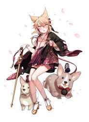 Rule 34 | 1girl, :o, absurdres, alternate costume, bad id, bad twitter id, bare legs, black kimono, blonde hair, blush, commentary request, dog, floral print, full body, hair between eyes, hat, head tilt, highres, holding, holding leash, japanese clothes, kimono, leash, long sleeves, looking at viewer, mononobe no futo, petals, pink kimono, pointy hair, shan, short hair, simple background, soga no tojiko, tate eboshi, thigh strap, thighs, touhou, toyosatomimi no miko, welsh corgi, white background, wide sleeves, yellow eyes, yellow footwear