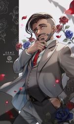 Rule 34 | 1boy, belt, black hair, blouse, blue flower, business suit, buttons, character name, closed mouth, collared shirt, commentary, creatures (company), earrings, facial hair, flower, formal, game freak, green eyes, grey jacket, grey pants, grey vest, hand in pocket, hand on own chin, highres, jacket, janis (hainegom), jewelry, looking to the side, male focus, necktie, nintendo, pants, petals, pokemon, pokemon swsh, red flower, red necktie, rose (pokemon), shirt, smile, solo, stroking own chin, suit, undercut, vest, watch, white shirt, wristwatch