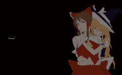 Rule 34 | 2girls, absurdres, bare shoulders, black background, black dress, blonde hair, bow, brown eyes, dress, frilled dress, frills, hair bow, hakurei reimu, hand on another&#039;s face, hat, highres, japanese clothes, ken-1, kirisame marisa, long hair, long sleeves, looking at viewer, miko, multiple girls, navel, nontraditional miko, red bow, red eyes, red shirt, red skirt, shirt, short sleeves, simple background, skirt, stomach, touhou, upper body, white sleeves, witch, witch hat, yellow eyes