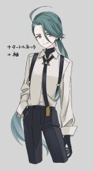 Rule 34 | 1girl, ahoge, androgynous, black gloves, black necktie, black pants, bright pupils, closed mouth, collared shirt, creatures (company), earrings, game freak, gloves, green hair, grey shirt, highres, jewelry, long hair, long sleeves, necktie, nintendo, omo chi2, pants, pokemon, pokemon sv, ponytail, red eyes, rika (pokemon), shirt, smile, solo, suspenders, turtleneck, very long hair, white pupils