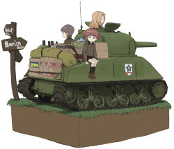 Rule 34 | 10s, 3girls, alisa (girls und panzer), arm support, black shorts, black socks, blonde hair, box, brown footwear, brown jacket, cardboard box, closed mouth, commentary, emblem, english text, freckles, girls und panzer, grass, hair ornament, jacket, kay (girls und panzer), loafers, long hair, long sleeves, looking at another, looking at viewer, looking back, military, military uniform, military vehicle, motor vehicle, multiple girls, naomi (girls und panzer), nogitatsu, saunders (emblem), saunders military uniform, shoes, short hair, short twintails, shorts, simple background, sitting, smile, socks, spam (food), star (symbol), star hair ornament, tank, twintails, uniform, very short hair, white background