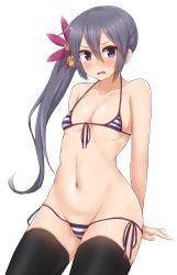 Rule 34 | 10s, 1girl, akebono (kancolle), bell, bikini, black thighhighs, blush, breasts, flower, hair bell, hair flower, hair ornament, jingle bell, kantai collection, long hair, looking at viewer, micro bikini, navel, open mouth, purple eyes, purple hair, side ponytail, small breasts, solo, striped bikini, striped clothes, swimsuit, thighhighs, very long hair, white background, yamaori