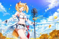 Rule 34 | 1girl, ;d, absurdres, animal ears, arknights, armpits, bare shoulders, bikini, bikini skirt, black bikini, blonde hair, breasts, cleavage, cloud, collarbone, day, flower, front-tie bikini top, front-tie top, hair ornament, highres, jacket, long hair, long sleeves, looking at viewer, medium breasts, microphone, microphone stand, midriff, miniskirt, minori (faddy), mismatched bikini, navel, off shoulder, official alternate costume, one eye closed, open clothes, open jacket, open mouth, outdoors, petals, skirt, sky, smile, solo, sora (arknights), sora (summer flowers) (arknights), standing, stomach, sunlight, swimsuit, tail, thigh strap, thighs, twintails, white bikini, white jacket, white skirt, wolf ears, wolf tail, yellow eyes, yellow flower