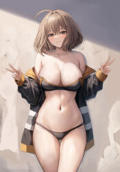 1girl ahoge anis_(nikke) bare_shoulders bikini black_bikini black_jacket breasts brown_hair closed_mouth collarbone cowboy_shot double_v goddess_of_victory:_nikke haruyuki_(karem) highres jacket large_breasts looking_at_viewer navel short_hair smile solo stomach swimsuit thighs twitter_username v yellow_eyes