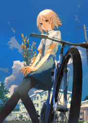 Rule 34 | 1girl, absurdres, bicycle, black pantyhose, blonde hair, blue necktie, blue sky, bob cut, bright pupils, closed mouth, day, flat chest, grey eyes, hair ornament, hairclip, highres, knees together feet apart, kukka, leaning back, looking at viewer, medium hair, miniskirt, necktie, original, outdoors, pantyhose, pleated skirt, shirt, short sleeves, sitting, skirt, sky, solo, white pupils, white shirt
