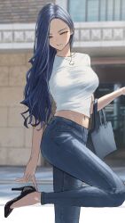 Rule 34 | 1girl, absurdres, adjusting footwear, asymmetrical hair, bag, black footwear, blue hair, blurry, blurry background, breasts, building, crop top, day, denim, forehead, hair over shoulder, handbag, hara kenshi, high heels, highres, jeans, jewelry, kimishima touka, large breasts, leg up, legs, long hair, looking away, midriff, navel, necklace, original, outdoors, pants, parted lips, shirt, solo, spade (shape), spade necklace, standing, standing on one leg, taut clothes, taut shirt, thighs, very long hair, wavy hair, white shirt, yellow eyes