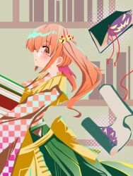 Rule 34 | 1girl, apron, bell, book, bookshelf, checkered clothes, checkered kimono, commentary, from side, hair bell, hair ornament, highres, holding, holding book, japanese clothes, kimono, long hair, long sleeves, looking at viewer, monter, motoori kosuzu, no lineart, orange eyes, orange hair, scroll, solo, teruteru12, touhou, two side up, yellow apron