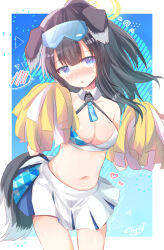 Rule 34 | 1girl, :o, animal ears, bare shoulders, black hair, blue archive, blue eyes, blush, breasts, cheerleader, cleavage, collarbone, commentary request, contrapposto, dog ears, dog girl, dog tail, flying sweatdrops, goggles, goggles on head, halo, hands up, heart, hibiki (blue archive), hibiki (cheer squad) (blue archive), kuriyuzu kuryuu, long hair, looking at viewer, medium breasts, millennium cheerleader outfit (blue archive), navel, nose blush, parted lips, pleated skirt, pom pom (cheerleading), ponytail, signature, skirt, solo, spoken blush, standing, tail, white skirt