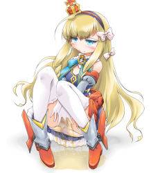 Rule 34 | 1girl, anbee (arary), azur lane, bare shoulders, blonde hair, blue dress, blue eyes, blush, bow, breasts, covering privates, covering crotch, crown, detached sleeves, dress, embarrassed, fang, female focus, full body, gloves, hair bow, hair ornament, hairband, half-closed eyes, have to pee, knees together feet apart, long hair, mini crown, own hands together, panties, pantyshot, peeing, peeing self, pigeon-toed, puddle, queen elizabeth (azur lane), red footwear, shoes, simple background, sitting, small breasts, smile, solo, strapless, strapless dress, sweat, tears, teeth, thighhighs, underwear, upskirt, v arms, wet, wet clothes, wet panties, white background, white bow, white gloves, white panties, white thighhighs
