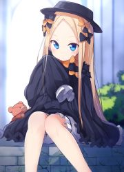 Rule 34 | abigail williams (fate), black bow, black hat, blonde hair, bloomers, blue eyes, bow, fate/grand order, fate (series), forehead, gothic lolita, hair bow, hat, highres, lolita fashion, long hair, long sleeves, looking at viewer, okota mikan, orange bow, parted bangs, polka dot, polka dot bow, sitting, sleeves past wrists, solo, stuffed animal, stuffed toy, teddy bear, underwear, white bloomers