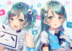 Rule 34 | 2girls, :3, :d, :o, absurdres, alternate hairstyle, aqua hair, bang dream!, bilibili, blush, character doll, character hair ornament, collared shirt, gloves, green eyes, hair ornament, hand on own chest, highres, hikawa hina, hikawa sayo, holding, holding stuffed toy, long hair, looking at viewer, mia (fai1510), multiple girls, necktie, one side up, open mouth, play button, shirt, short hair, siblings, sisters, smile, striped, striped background, stuffed toy, twins, upper body, vertical stripes, white gloves, xiao dianshi