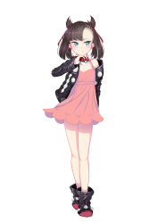 Rule 34 | 1girl, aqua eyes, arm behind back, asymmetrical bangs, black jacket, blush, breasts, brown hair, cleavage, creatures (company), dress, full body, game freak, hair ribbon, highres, holding, holding poke ball, jacket, looking to the side, marnie (pokemon), nintendo, off shoulder, open clothes, open jacket, orihimestudio, pink dress, poke ball, pokemon, pokemon swsh, red ribbon, ribbon, short dress, simple background, sleeveless, sleeveless dress, small breasts, solo, standing, twintails, two side up, white background