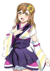 Rule 34 | 1girl, :d, absurdres, blush, brown eyes, brown hair, detached sleeves, earrings, flower, hair flower, hair ornament, hairband, hand on own chest, highres, japanese clothes, jewelry, kimono, kunikida hanamaru, long hair, looking at viewer, love live!, love live! school idol festival, love live! sunshine!!, open mouth, pink ribbon, ribbon, sash, simple background, smile, solo, tied sleeves, vorupi, white background, wide sleeves, yellow flower
