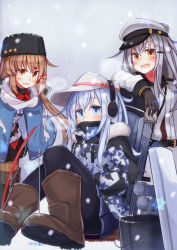 Rule 34 | 3girls, black gloves, black headwear, black legwear, black skirt, blue shawl, blue skirt, blush, boots, breath, brown footwear, brown hair, bucket, camouflage, camouflage jacket, coat, earmuffs, fang, fishing, fishing rod, flat cap, fur hat, fur trim, gangut (kancolle), gloves, grey hair, hair ornament, hairclip, hammer and sickle, hands in pockets, hat, hibiki (kancolle), highres, jacket, kantai collection, long hair, long sleeves, low twintails, multiple girls, open mouth, pantyhose, papakha, pleated skirt, reitou mikan, rigging, scar, scarf, shawl, skin fang, skirt, snow, snowing, star (symbol), tashkent (kancolle), torn clothes, torn scarf, twintails, verniy (kancolle), white headwear, white scarf