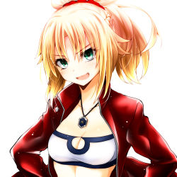 Rule 34 | &gt;:d, 1girl, :d, bandeau, blonde hair, braid, breasts, fang, fate/apocrypha, fate (series), green eyes, hair ornament, hair scrunchie, jacket, jewelry, looking at viewer, medium breasts, mordred (fate), mordred (fate/apocrypha), mordred (memories at trifas) (fate), necklace, open clothes, open jacket, open mouth, ponytail, scrunchie, sidelocks, simple background, smile, solo, upper body, v-shaped eyebrows, watarui, white background