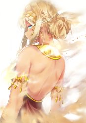 Rule 34 | 1girl, absurdres, armlet, bad id, bad pixiv id, bare back, blonde hair, blue eyes, choker, flaming eye, from behind, hair ornament, highres, long hair, looking at viewer, looking back, sidelocks, simple background, solo, standing, upper body, white background, yeyebirdie