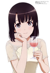Rule 34 | absurdres, alcohol, artist request, brown eyes, brown hair, cup, dress, drinking glass, highres, holding, holding cup, katou megumi, looking at viewer, saenai heroine no sodatekata, scan, short hair, solo, wine, wine glass