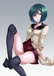 Rule 34 | 1girl, arm support, bad id, bad pixiv id, bleach, buttons, cardigan, collarbone, dress, feet, gradient background, green hair, hair between eyes, highres, isshi pyuma, kujou nozomi, long legs, long sleeves, looking to the side, no shoes, over-kneehighs, parted lips, red dress, sailor collar, short dress, short hair, solo, thighhighs, unbuttoned
