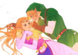 Rule 34 | armor, blonde hair, blue eyes, cherry blossoms, circlet, commentary, dress, elbow gloves, english commentary, gauntlets, gloves, green hat, green tunic, hat, highres, link, nintendo, pink dress, pointy ears, princess, princess zelda, shirt, shoulder armor, the legend of zelda, the legend of zelda: ocarina of time, tunic, white background, white shirt, yushx31