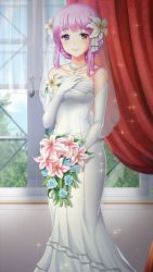 Rule 34 | 1girl, bouquet, breasts, closed mouth, collarbone, curtains, doukyuusei, doukyuusei another world, dress, elbow gloves, flower, game cg, gloves, hair flower, hair ornament, holding, holding bouquet, indoors, jewelry, long dress, looking at viewer, medium breasts, necklace, official art, pink flower, pink hair, red eyes, sakuragi mai, sleeveless, sleeveless dress, smile, solo, sparkle, standing, strapless, strapless dress, wedding dress, white dress, white flower, white gloves