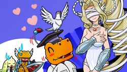 Rule 34 | 2girls, :p, ^ ^, agumon hakase, animal, animal on head, armor, artist request, bird, bird on head, blindfold, blonde hair, blue hair, blush, braid, closed eyes, covered eyes, digimon, digimon (creature), dove, gauntlets, greatsword, hair ribbon, hand on own chest, hat, helmet, helmet over eyes, high ponytail, holding, holding sword, holding weapon, jewelry, lab coat, leotard, minervamon, mortarboard, multiple girls, necklace, official art, olive (digimon), on head, ribbon, sleeves past fingers, sleeves past wrists, smile, strapless, sweatdrop, sword, terriermon assistant, tongue, tongue out, venusmon, weapon, white leotard, white ribbon