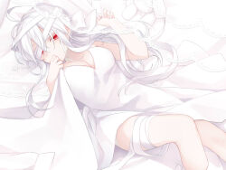Rule 34 | 1girl, bare arms, bare shoulders, bed sheet, breasts, cleavage, commentary request, covered mouth, dress, feet out of frame, hair between eyes, hands up, highres, knee up, kuroi (liar-player), long hair, lying, medium breasts, on back, red eyes, sleeveless, sleeveless dress, solo, stuffed animal, stuffed toy, transparent, twitter username, very long hair, vocaloid, white dress, white hair, yowane haku