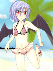 Rule 34 | 1girl, bad id, bad pixiv id, beach, bikini, colorized, female focus, flat chest, highres, looking at viewer, purple hair, raisei, red eyes, remilia scarlet, short hair, solo, swimsuit, touhou, wings