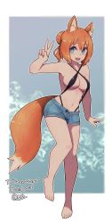 Rule 34 | 1girl, :d, animal ears, bare arms, bare legs, bare shoulders, barefoot, black one-piece swimsuit, blue eyes, blue shorts, border, bright pupils, commission, denim, denim shorts, fox ears, fox girl, fox tail, full body, hair bun, hand up, highres, lamb-oic029, looking at viewer, medium hair, navel, one-piece swimsuit, open mouth, orange hair, original, short shorts, shorts, signature, single hair bun, skeb commission, slingshot swimsuit, smile, solo, swimsuit, tail, thank you, v, white border, white pupils