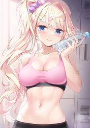 Rule 34 | 1girl, arms behind back, bare arms, bare shoulders, blonde hair, blue eyes, blush, bottle, bottle to cheek, breasts, cleavage, closed mouth, collarbone, crop top, hair ornament, hair scrunchie, hand up, high ponytail, highres, holding, holding bottle, indoors, kimishima ao, locker, locker room, long hair, looking at viewer, medium breasts, navel, original, pink sports bra, purple scrunchie, scrunchie, side ponytail, sidelocks, smile, solo, sports bra, sportswear, stomach, sweat, upper body, very long hair, water bottle, wavy hair, wet