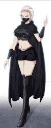 Rule 34 | 1girl, belt, black cape, boots, breasts, cape, full body, highres, mask, short, solo