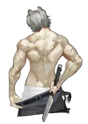 Rule 34 | 1boy, animal ears, arknights, back, back focus, bear boy, bear ears, commentary request, cowboy shot, from behind, grey hair, highres, jaye (arknights), knife, male focus, pants, qingpu liang, scar, scar on arm, short hair, solo, toned, toned male, topless male, white pants
