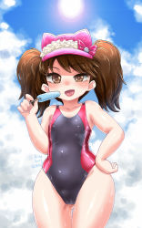 Rule 34 | 10s, 1girl, black one-piece swimsuit, brown eyes, brown hair, cloud, competition swimsuit, covered navel, cowboy shot, curvy, day, food, gluteal fold, highleg, highleg swimsuit, highres, kantai collection, looking at viewer, one-piece swimsuit, popsicle, qzo (akai kitsune), ryuujou (kancolle), sky, solo, standing, sun, swimsuit, thigh gap, twintails, visor cap, wide hips
