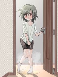 Rule 34 | 1girl, bike shorts, blush, breath, collarbone, door, embarrassed, female focus, flat chest, full body, green hair, half-closed eyes, hand up, have to pee, heel up, highres, indoors, knees together feet apart, looking at viewer, open mouth, original, pee, peeing, peeing self, puddle, red eyes, shiny clothes, shirt, shirt tug, short hair, short sleeves, socks, solo, standing, steam, tawasiupa, wet, wet clothes, white shirt, white socks